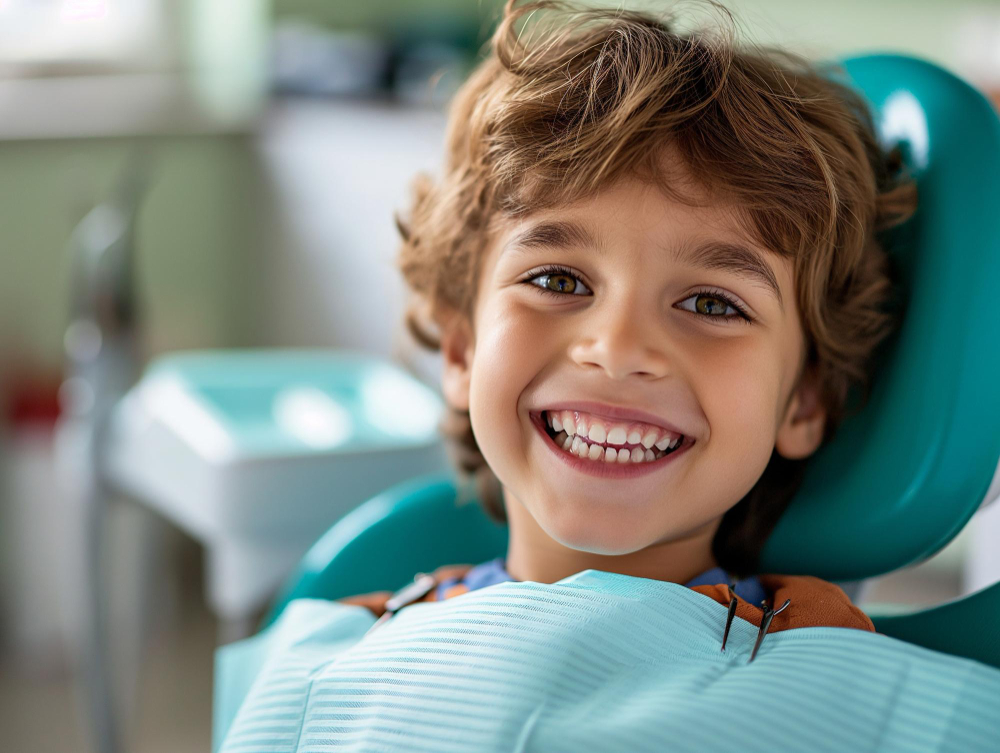 A smiling young boy in a dental chair Examination by a dentist